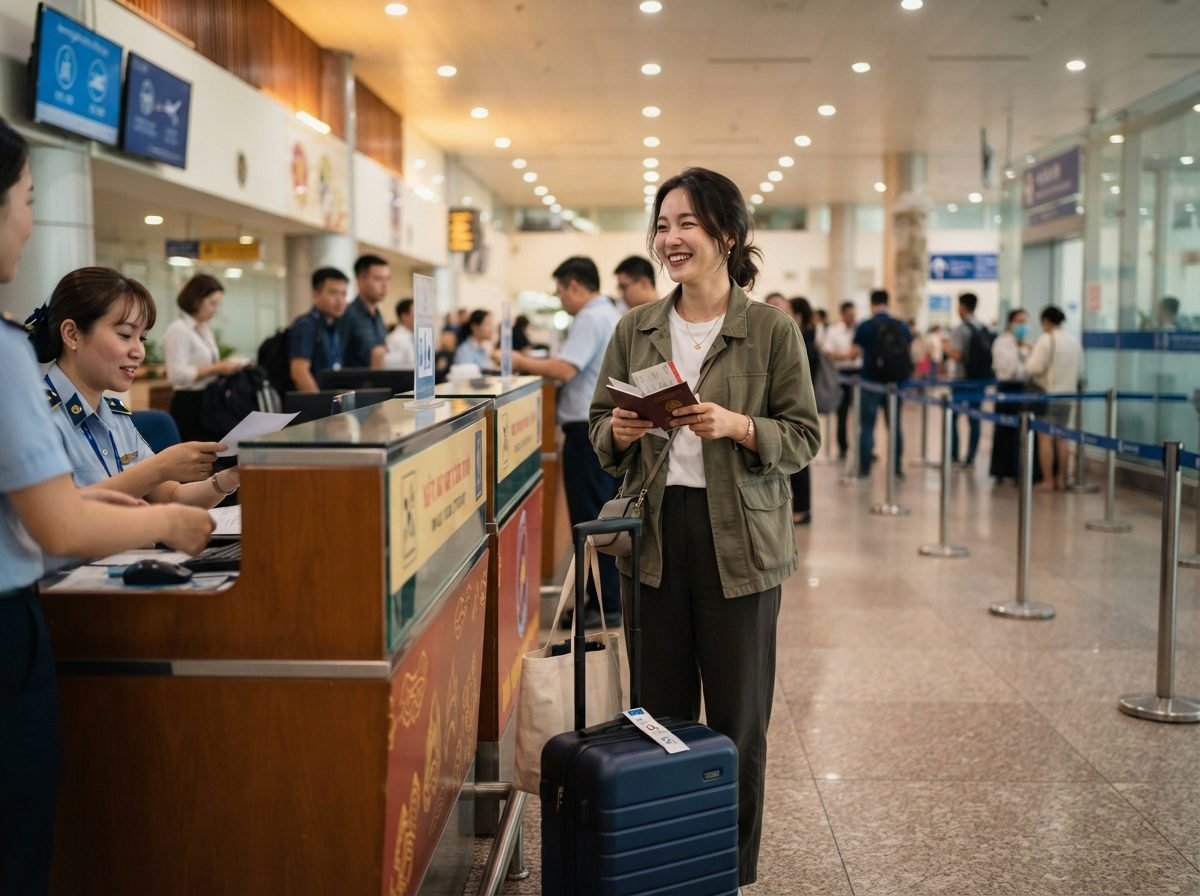 베트남 30대 한국인 여성 여행자가 하노이 공항 입국장에서 여권을 들고 입국 심사대 앞에 서 있는 모습. 밝은 공항 조명 아래 자연스러운 표정, 캐리어를 옆에 두고 있는 실사 사진 느낌의 장면, 설레는 여행 분위기