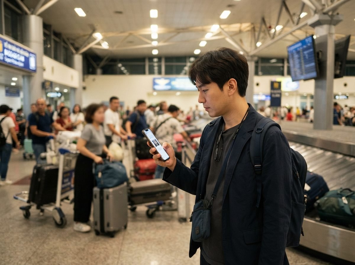 30대 남성 여행자가 베트남 공항 짐 찾는 구역 근처에서 스마트폰으로 이메일을 확인하며 E-visa 승인서를 찾는 장면. 공항 특유의 형광등 조명, 캐리어 여러 개가 지나가는 공항 분위기의 실사 사진