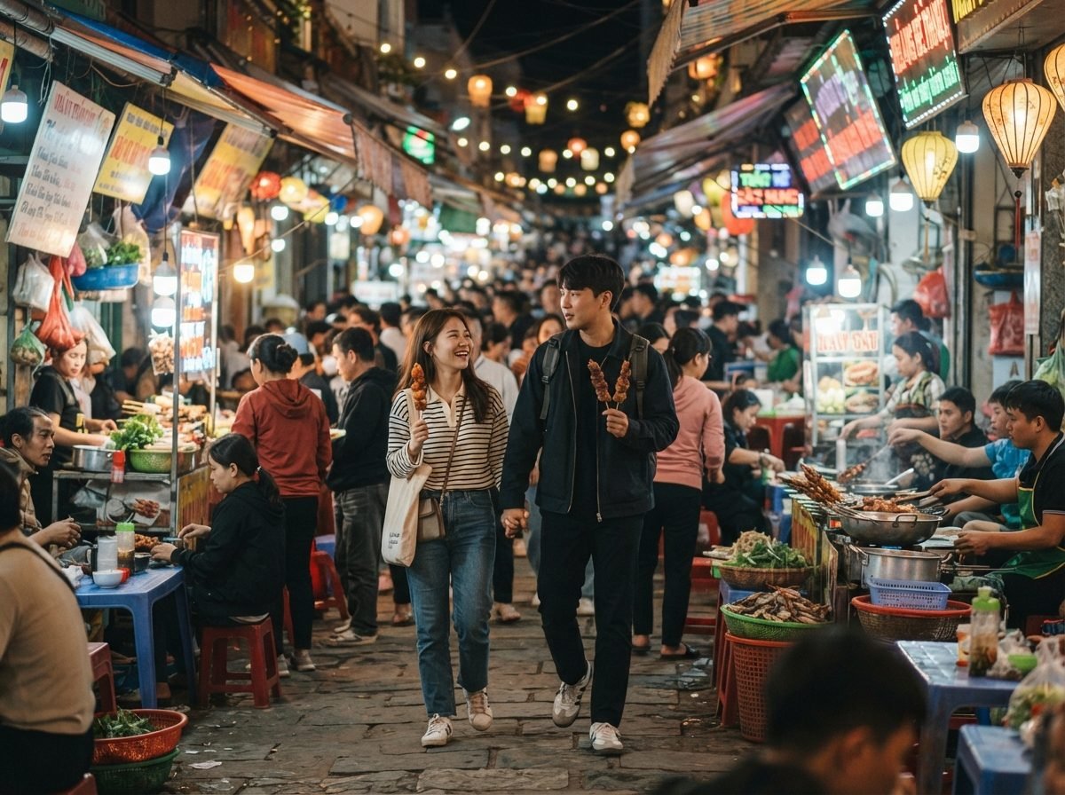 달랏 5박6일 여행 계획짜보기 달랏 야시장 저녁 풍경, 형형색색의 먹거리 노점이 늘어선 골목에서 여행객 커플이 꼬치를 손에 들고 걸어가는 모습, 노란 조명과 활기찬 분위기, 실사 사진