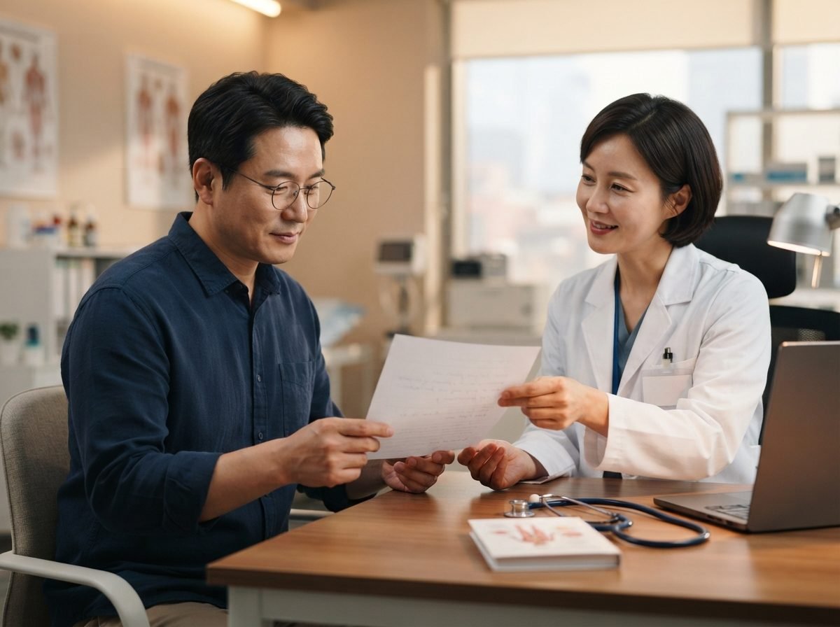 해외여행 해외 병원 진료실에서 40대 한국 남성이 의사로부터 영문 진단서를 건네받는 장면, 의사의 손에 흰 서류가 들려 있고 남성이 서류를 꼼꼼히 살펴보고 있는 모습, 병원 진료실의 따뜻한 실내조명, 차분하고 안도하는 분위기, 실사 사진