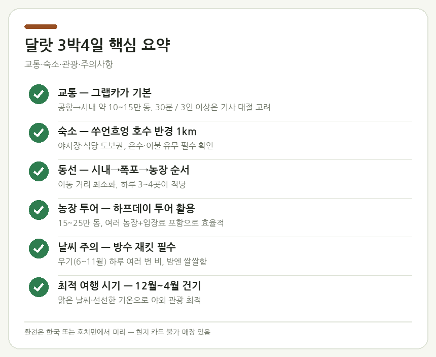 달랏 3박4일 여정 달랏 3박4일 핵심 정리 — 교통·숙소·관광지·주의사항 요약 카드