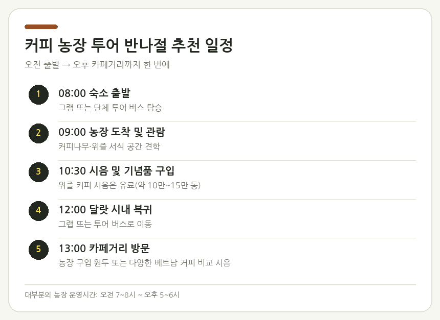 달랏 커피 농장 투어 반나절 추천 일정표 — 08:00 숙소 출발 → 09:00 농장 도착 및 관람 → 10:30 시음 및 구입 → 12:00 시내 복귀 → 13:00 카페거리 방문