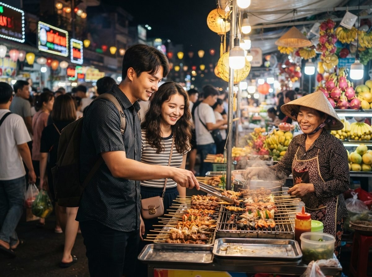 달랏 3박4일 여정 20대 여행자 커플이 달랏 야시장 노점에서 먹거리를 고르며 웃고 있는 저녁 장면, 노란 조명과 형형색색의 과일 가판이 배경, 따뜻하고 활기찬 분위기, 실사 사진