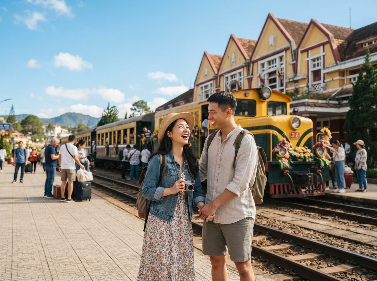 베트남 달랏 5박6일 여행일정 20~30대 커플이 달랏 기차역 승강장에서 노란색 복고풍 관광 열차 앞에 서 있는 모습, 맑은 오후 햇살, 파란 하늘과 유럽풍 역사 건물이 배경, 들뜬 여행 분위기, 실사 사진