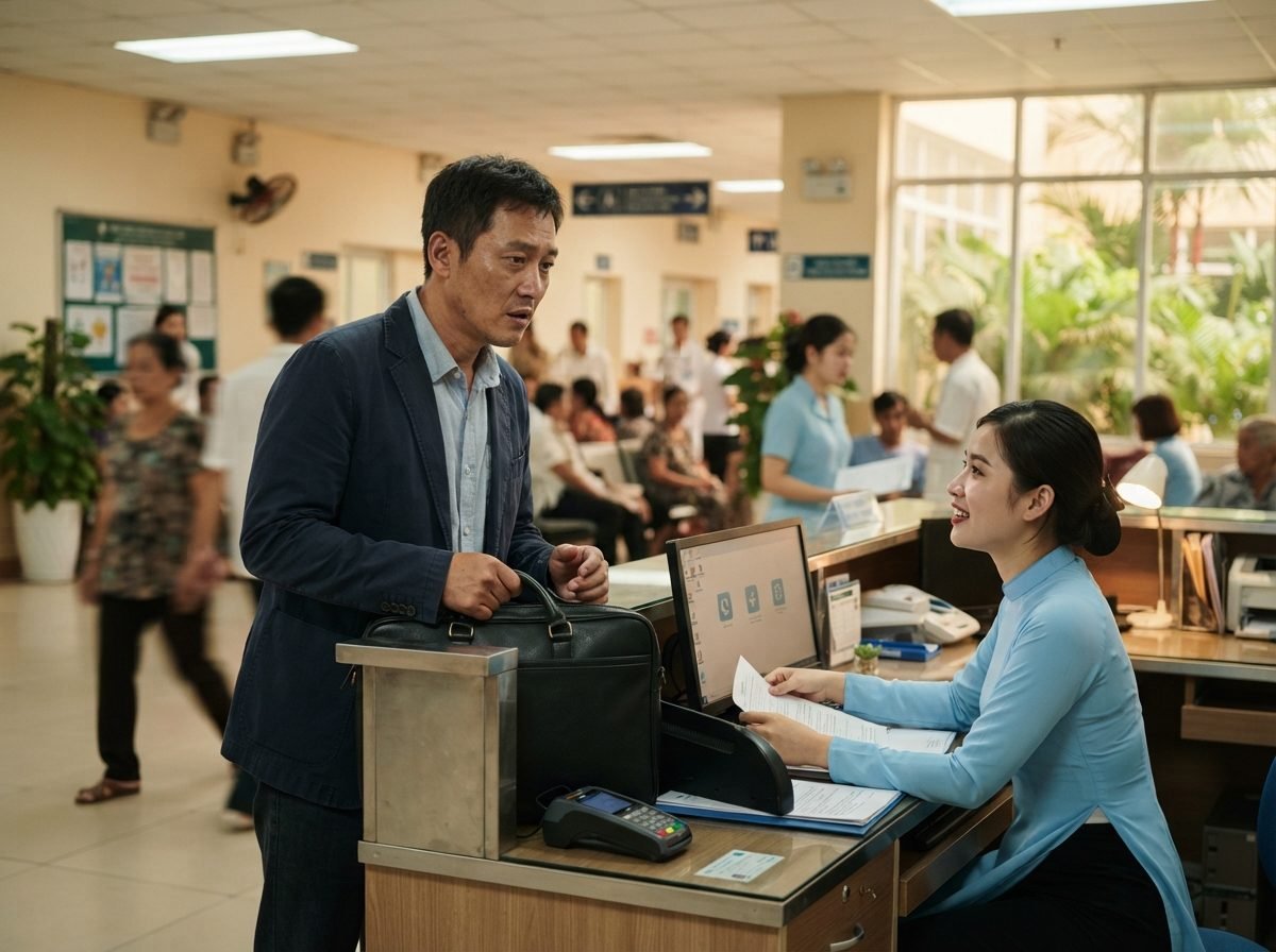 베트남 여행 40대 남성이 베트남 현지 병원 접수 창구 앞에서 서류 가방을 들고 직원과 대화하는 모습. 열대 분위기의 병원 로비, 형광등 조명, 다소 긴장된 표정. 실사 사진